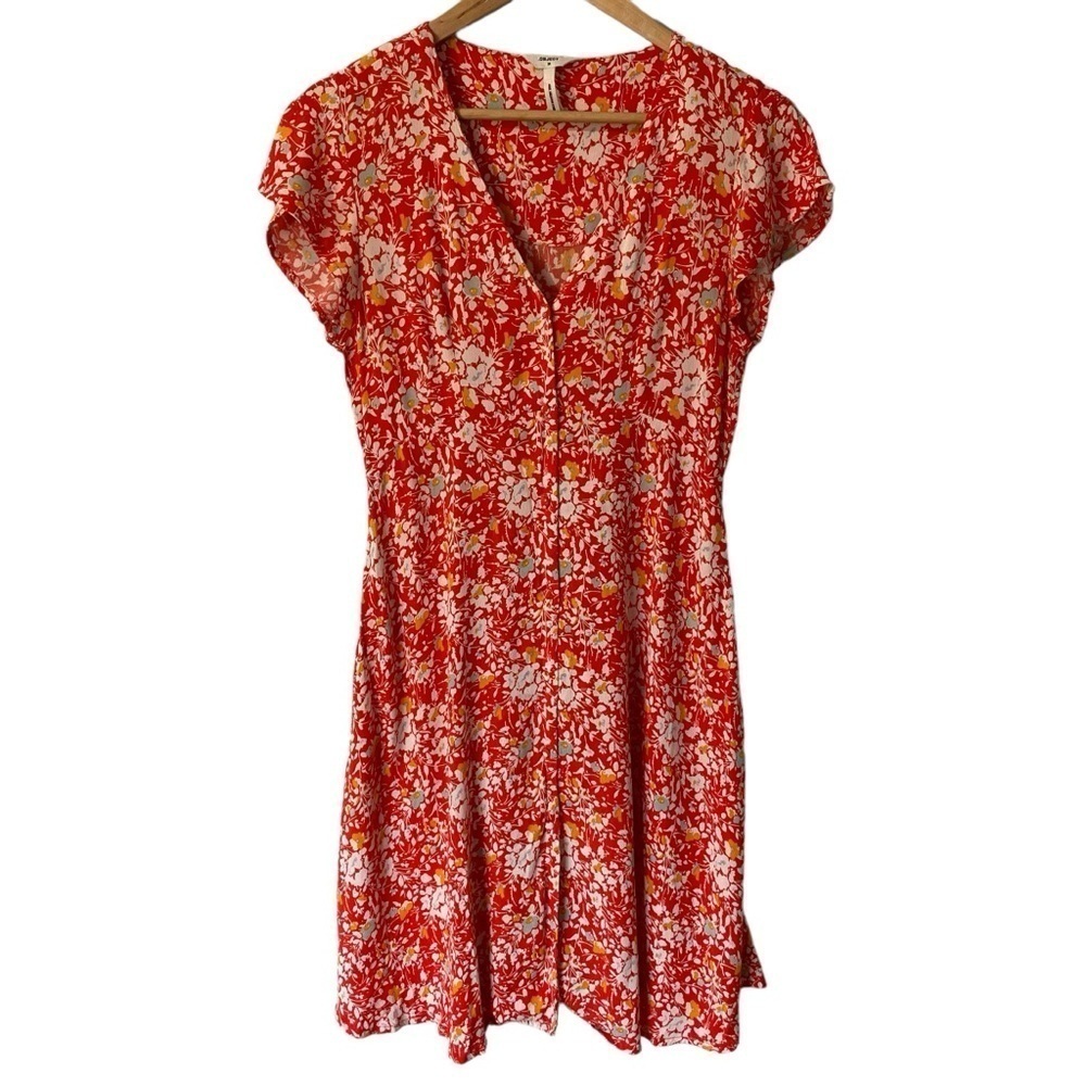 Object Floral Sundress Sz M Red White Button Front Fitted Cute FLAWED Sleeve